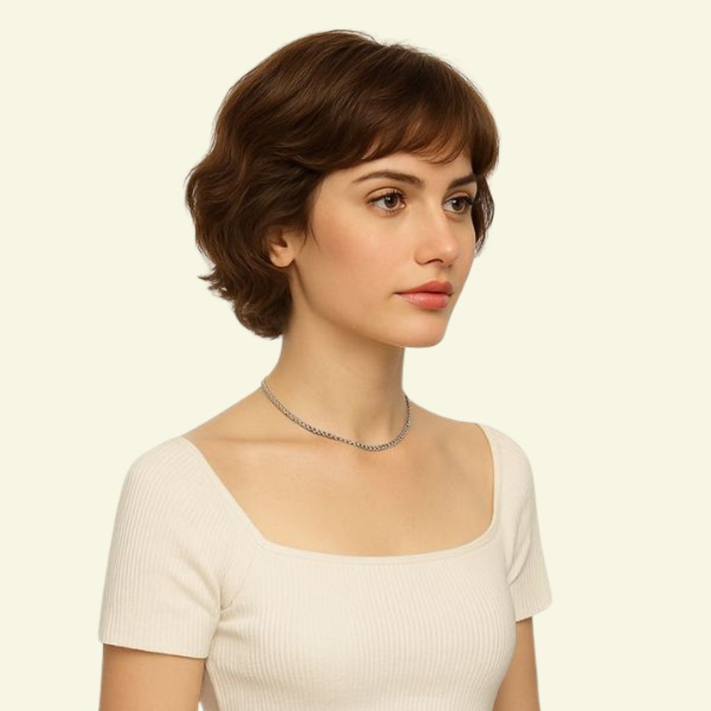 Women’s Full Wig – Light Curly Pixie Style with Side Bangs for Middle-Aged Women