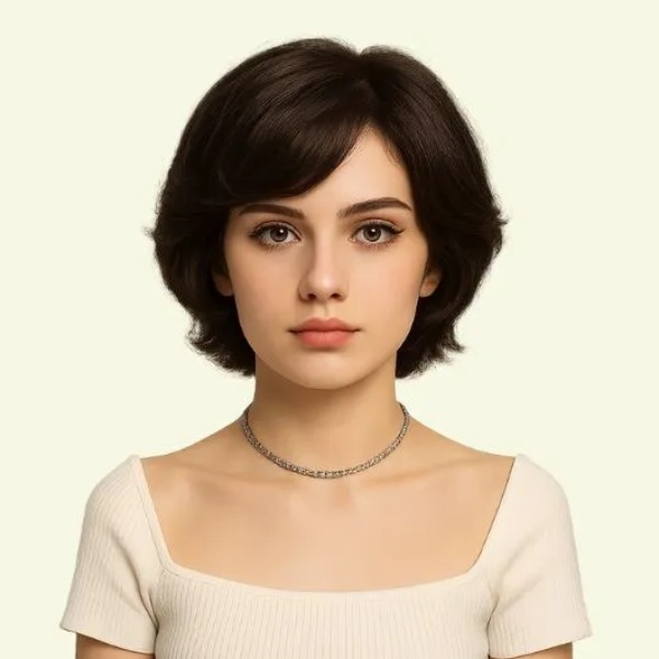 Women’s Full Wig – Short Curly Shoulder-Length Pixie Style with Side Bangs for Middle-Aged Women
