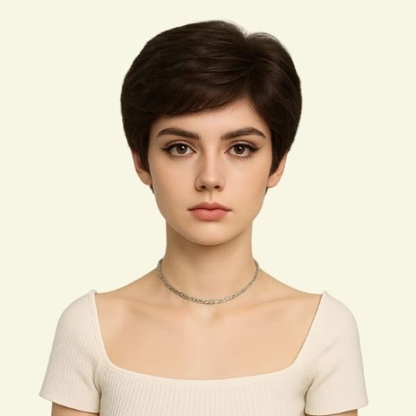 Women’s Full Wig – Short Pixie Style, Human Hair, Light Curly with Crown Swirl