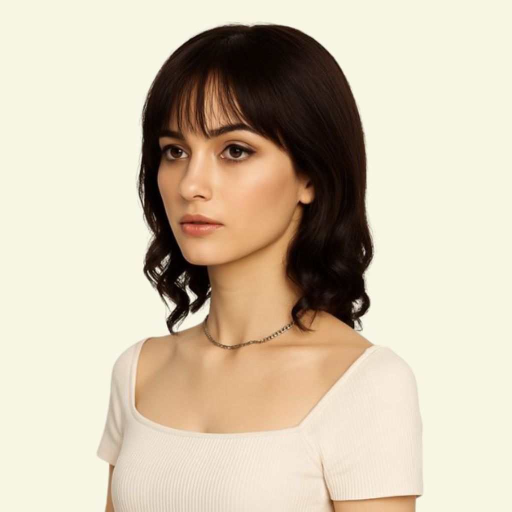Shoulder-Length Curly Handmade Human Mono Hair Wig with Wispy Bang