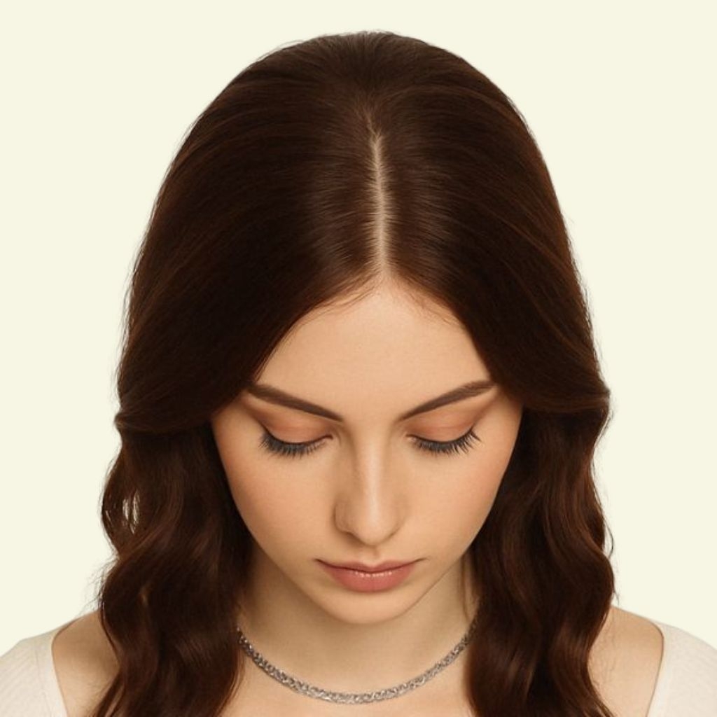 Women’s Top Hairpiece – 4D Ultra-Thin Skin, Curly, Two Bangs, 50cm