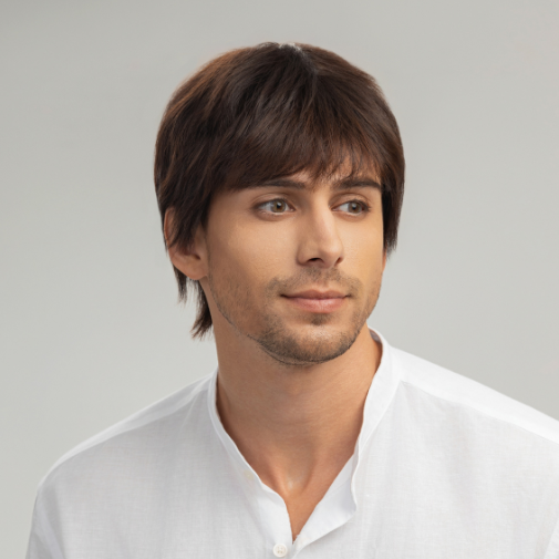 Men’s Full Wig – Layered Style with Side-Swept Bangs, Chocolate Brown