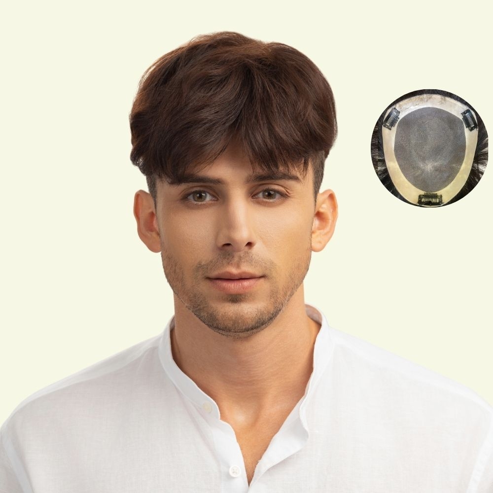Men’s Top Hair System – Two Bangs, Chocolate Brown