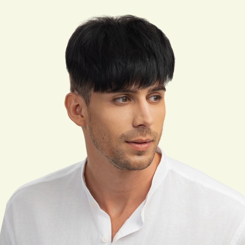 Men’s Top Hair System – Layered Style with Side-Swept Bangs, Dark Brown