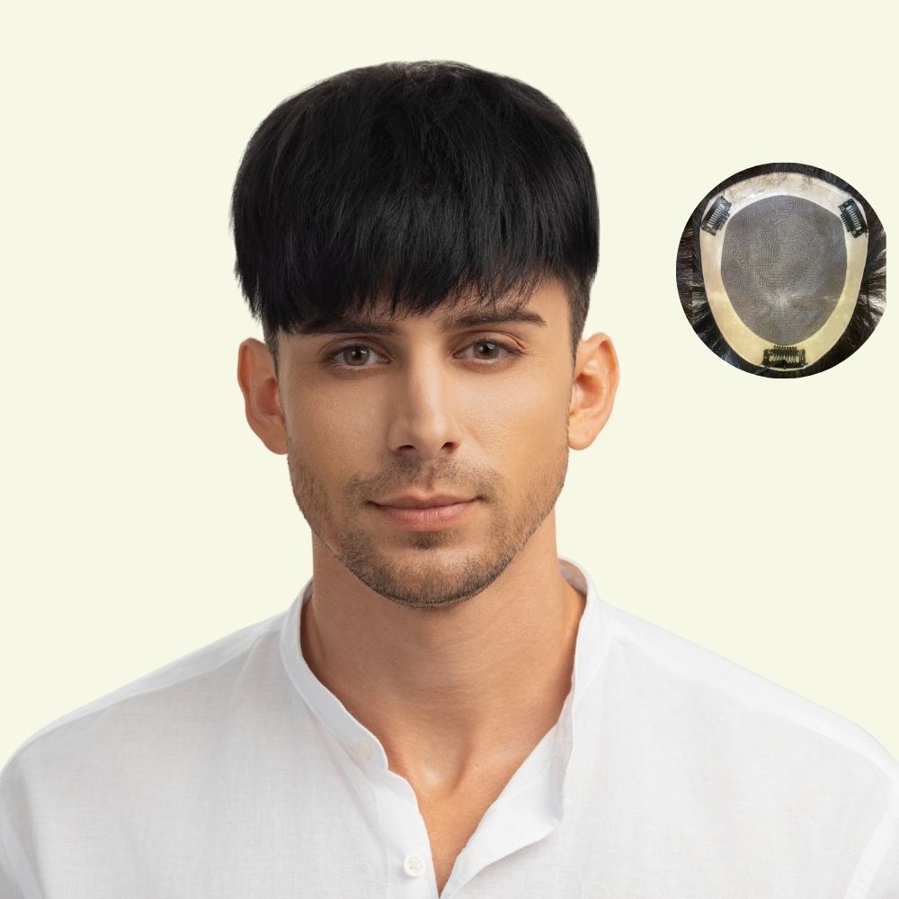 Men’s Top Hair System – Layered Style with Side-Swept Bangs, Dark Brown