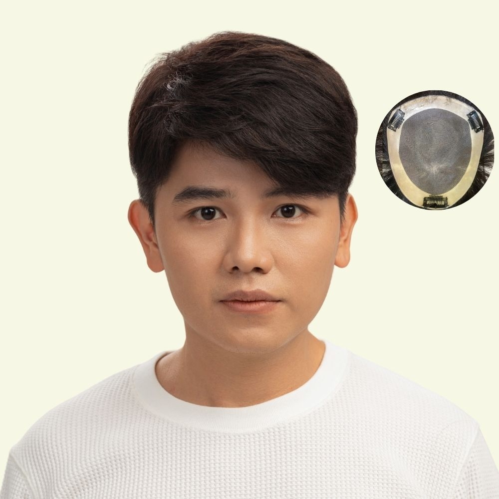 Men’s Top Hair System – Basic Two-Bangs Style, Dark Brown