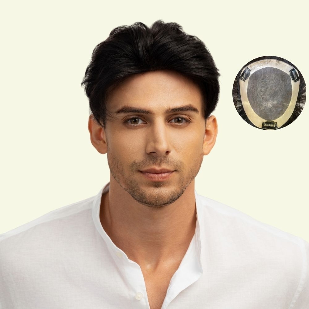 Men’s Top Hair System – 3D Ultra-Thin Skin, Layered Wispy Bangs, Dark Brown