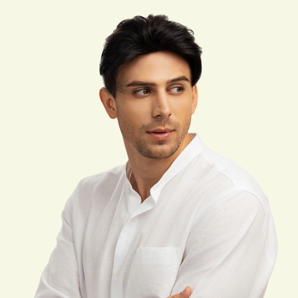 Men’s Top Hair System – 3D Ultra-Thin Skin, Side Part with Slicked-Back Bangs