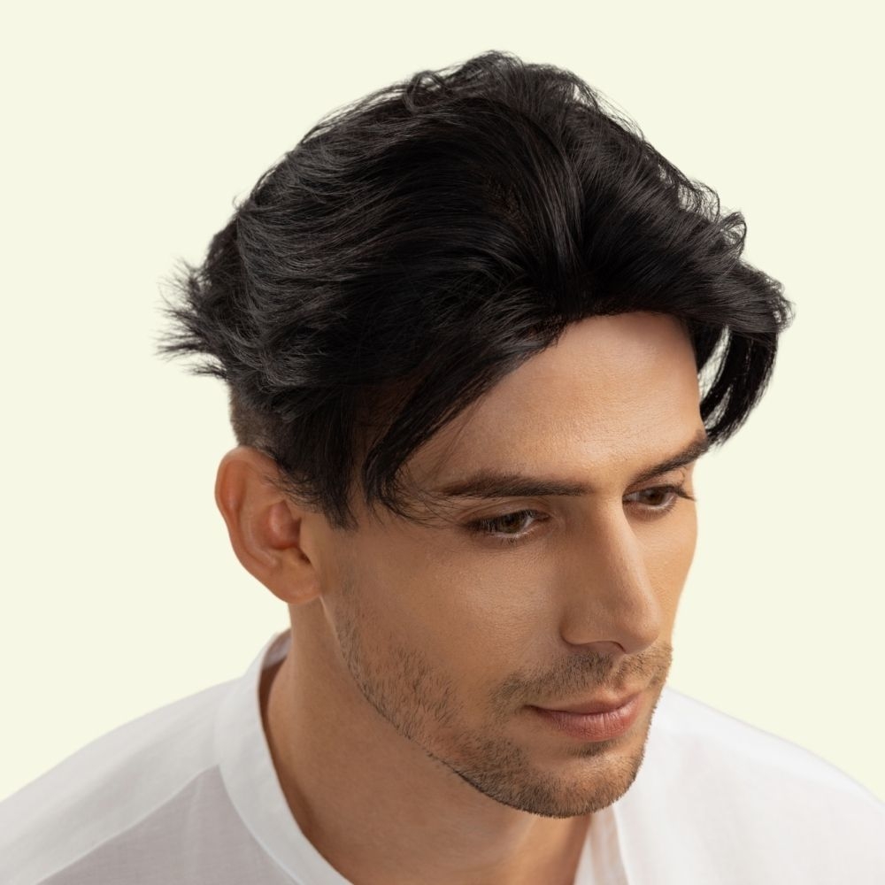 Men’s Top Hair System – 3D Ultra-Thin Skin, Side Part with Slicked-Back Bangs