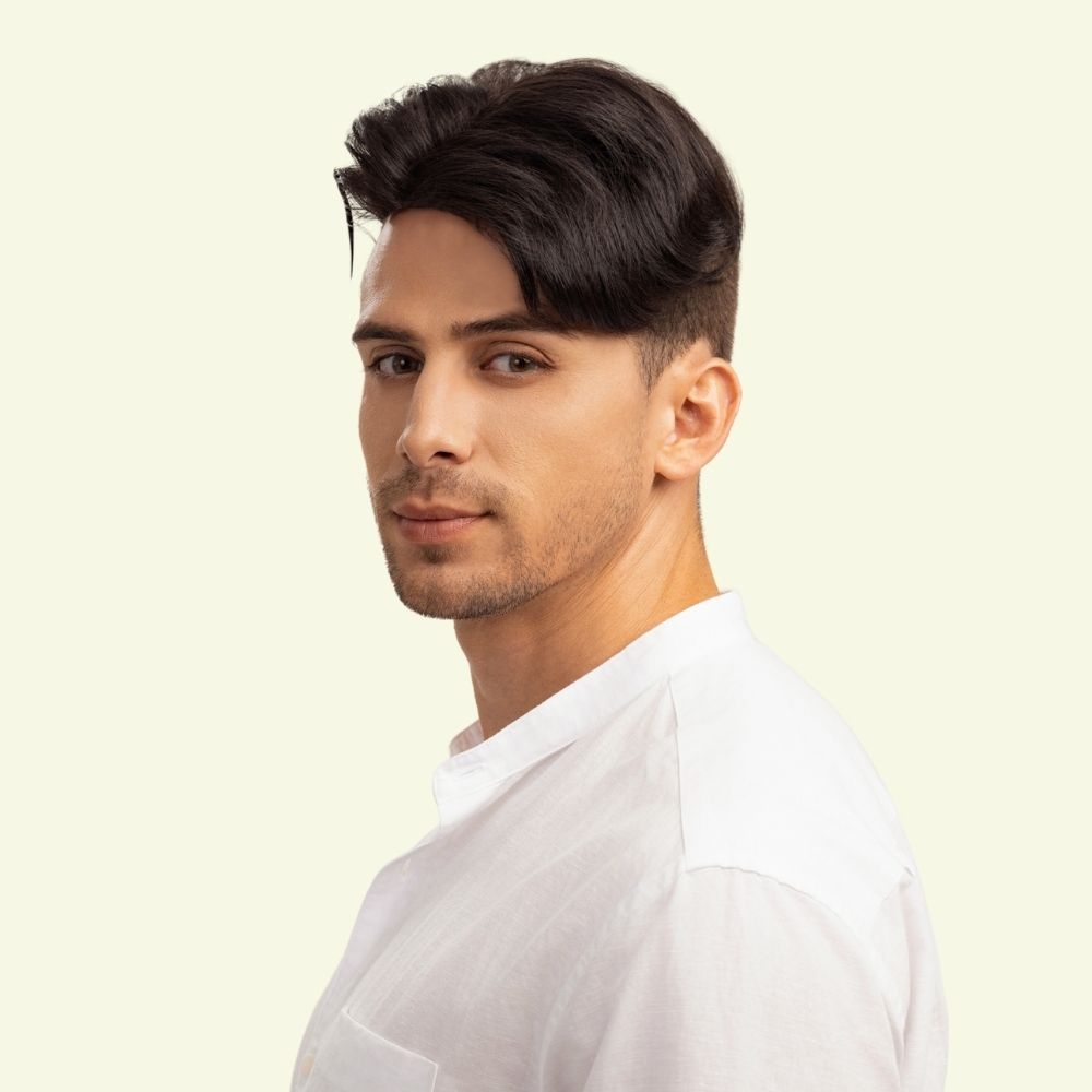 Men’s Top Hair System – 3D Ultra-Thin Skin, Side Part Slicked Down, Dark Brown
