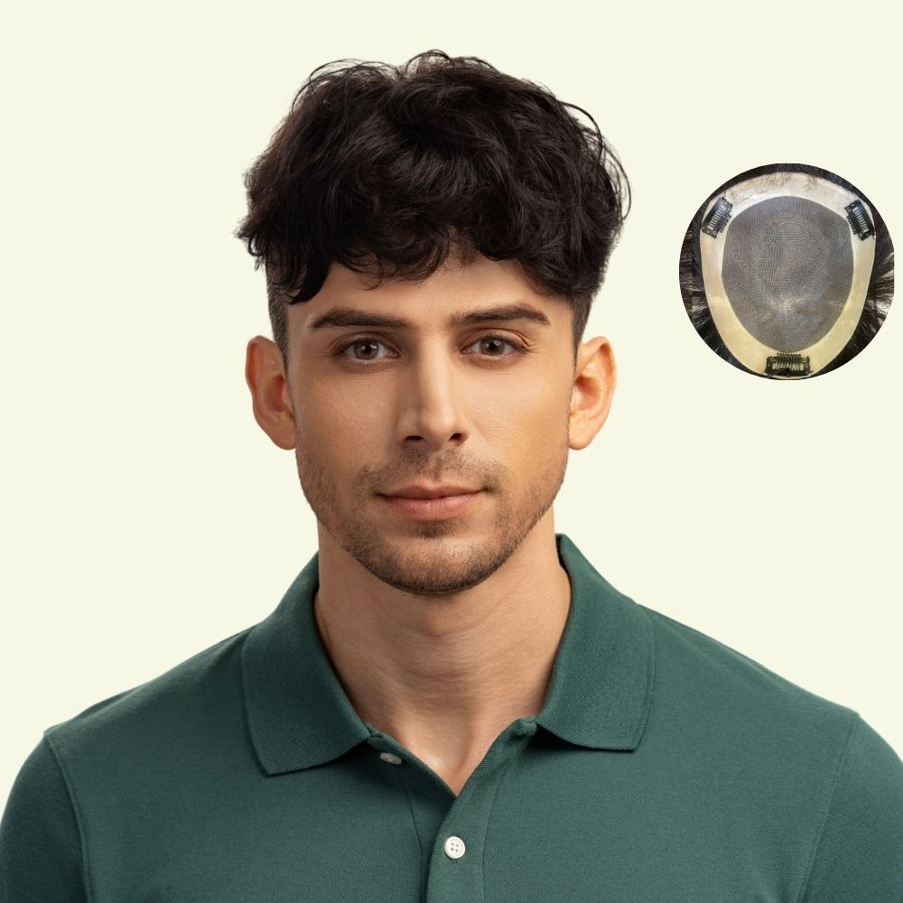 Men’s Top Hair System – Curly Layered Style, Dark Brown