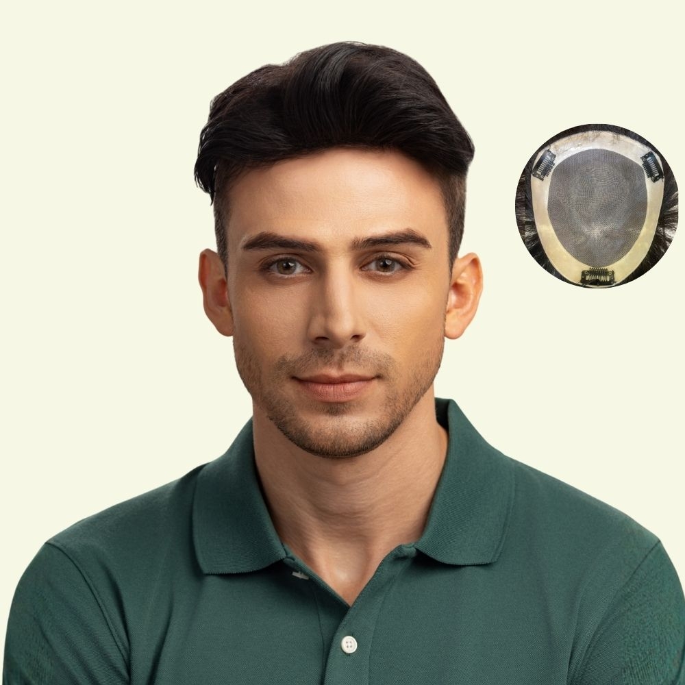 Men’s Top Hair System – Undercut Fringe Style, Dark Brown