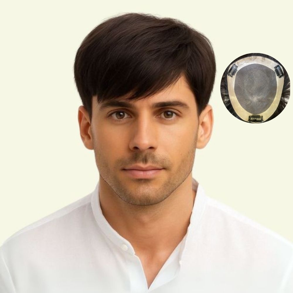 Men’s Hair System – Basic Style with Side-Swept Bangs, Human Hair