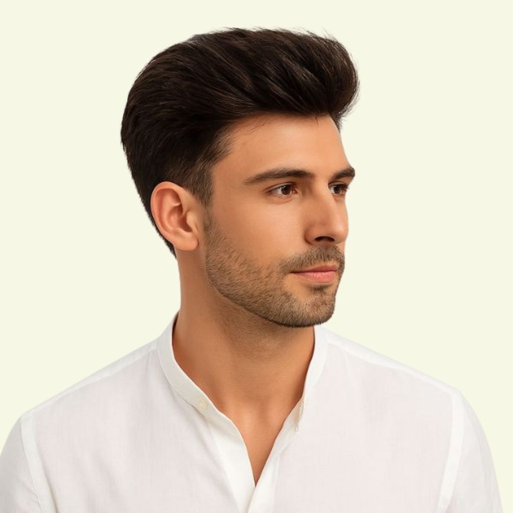 Men’s Hair System – Undercut Style with Slicked-Back Hair, Human Hair