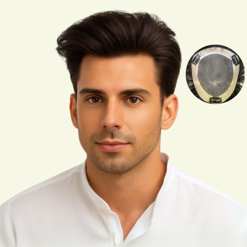Men’s Hair System – Undercut Style with Slicked-Back Hair, Human Hair