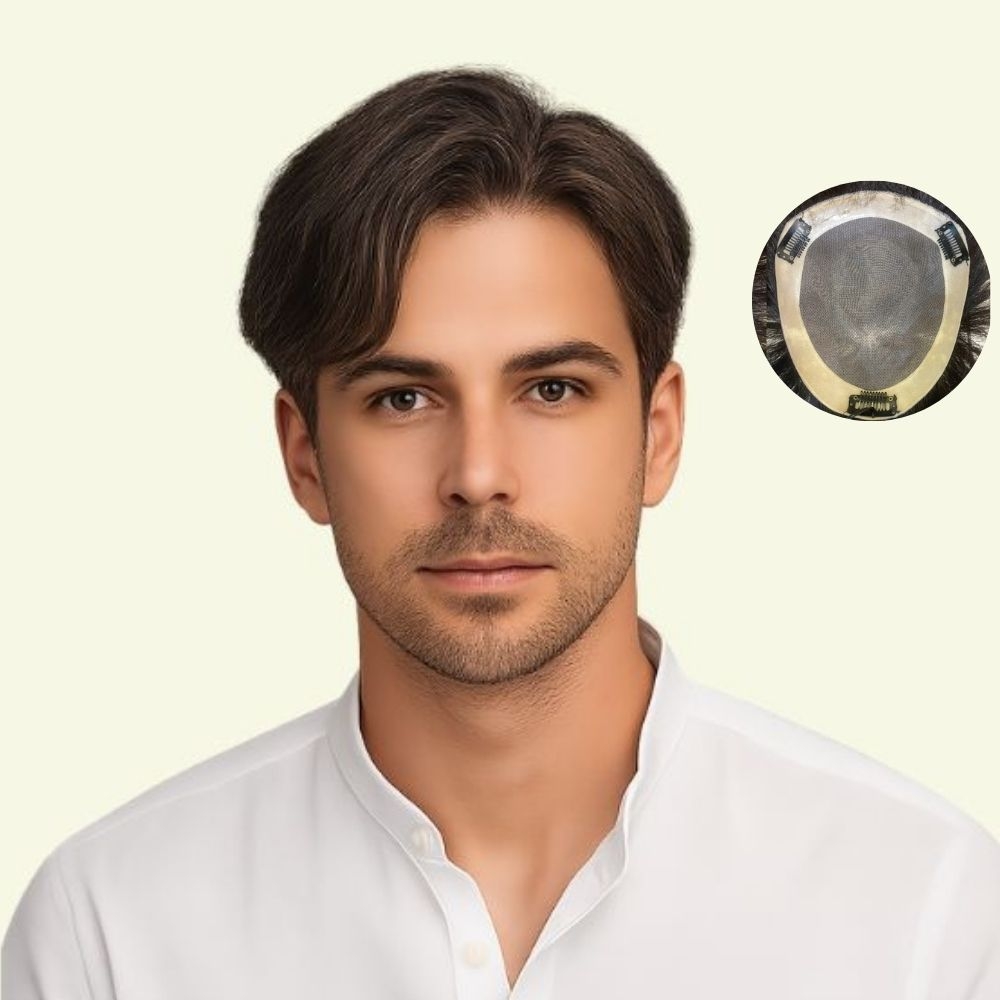 Men’s Hair System – Side-Swept Bangs Style, Human Hair