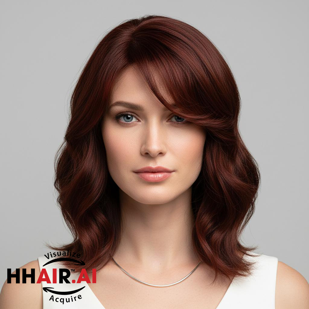 Shoulder Body Wave Burgundy Handmade Human Hair Wig with Side-Swept Bang
