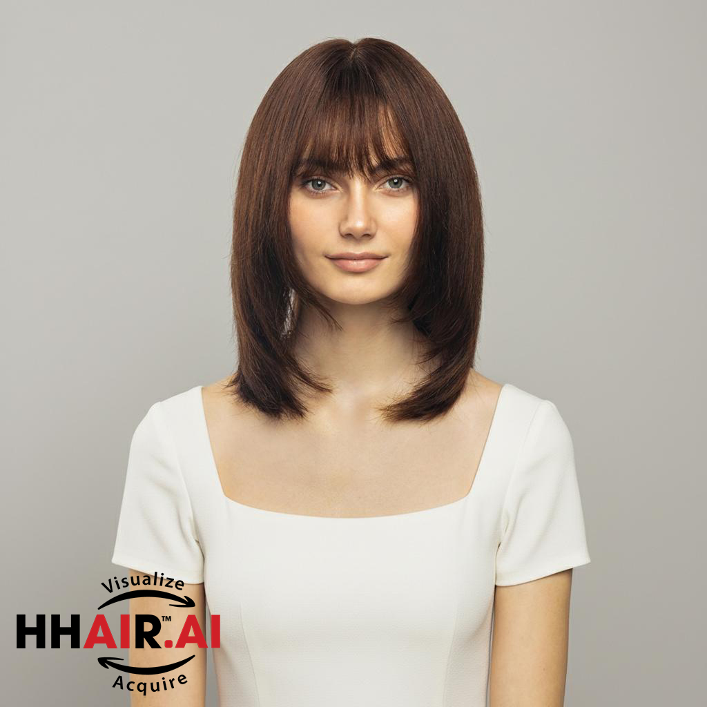 Long Straight Dark Brown Handmade Human Hair Wig with Wispy Bang
